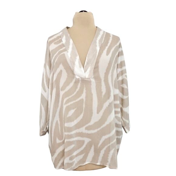 Chico's Semi Sheer Plunge V Neckline Tunic Top Tan Cream Dolman Sleeve Small - Picture 1 of 11